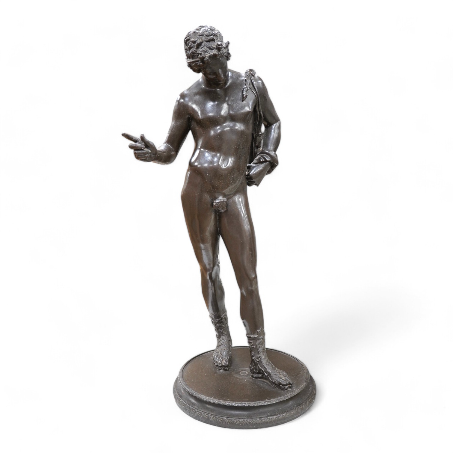 A bronzed resin figure, of Narcissus, 56cm high. Condition - good